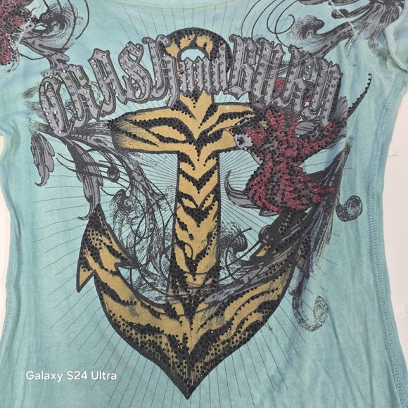 Crash & Burn Women's Graphic Tee Blue Sequins Glitter Anchor Semi Sheer Small - Picture 5 of 8